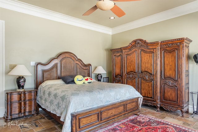 bedroom featuring ceiling fan and ornamental molding