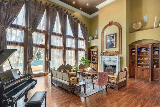 living area with a wealth of natural light, a high ceiling, and dark hardwood / wood-style flooring