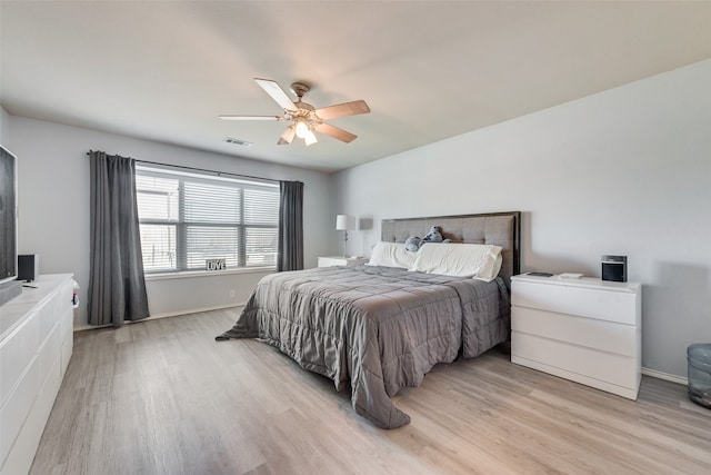 bedroom featuring light wood-type flooring and ceiling fan