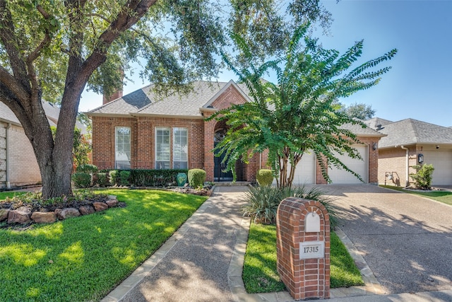 view of front of property with a garage and a front lawn