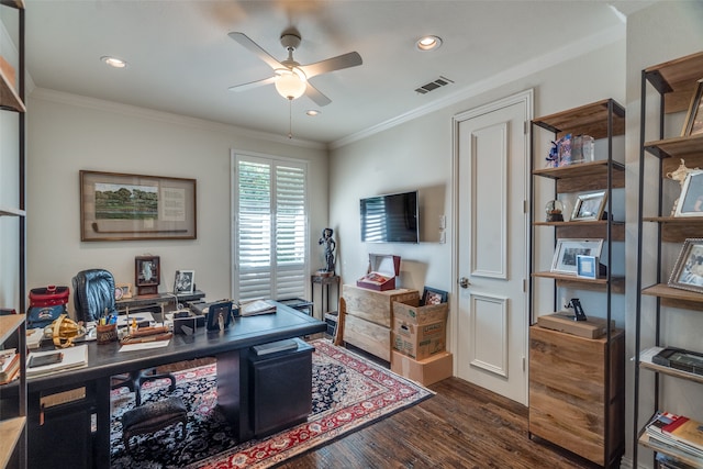 office featuring ceiling fan, dark hardwood / wood-style floors, and crown molding