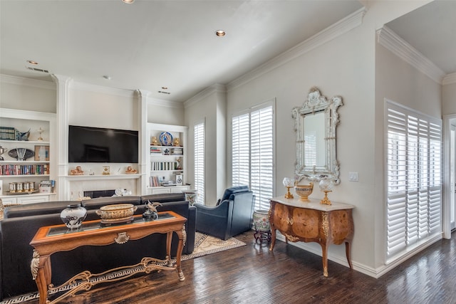 living room featuring ornamental molding and hardwood / wood-style floors