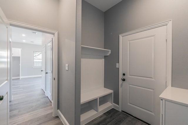 mudroom featuring dark wood-type flooring