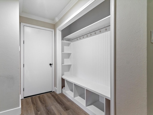 mudroom with crown molding and dark hardwood / wood-style flooring