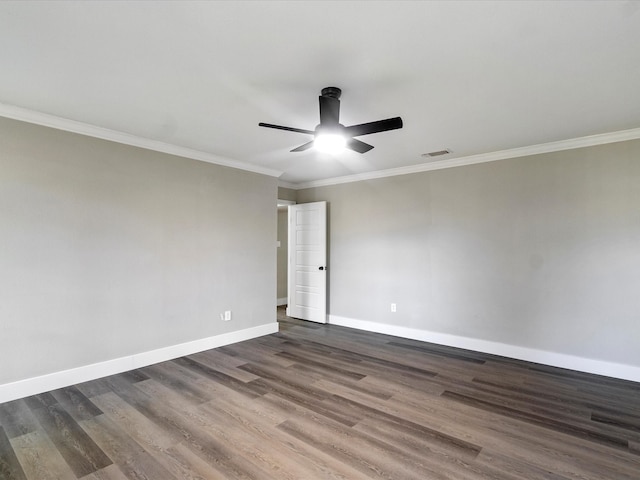 unfurnished room featuring ceiling fan, crown molding, and dark hardwood / wood-style flooring