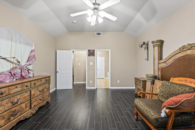 sitting room featuring lofted ceiling, dark hardwood / wood-style flooring, and ceiling fan