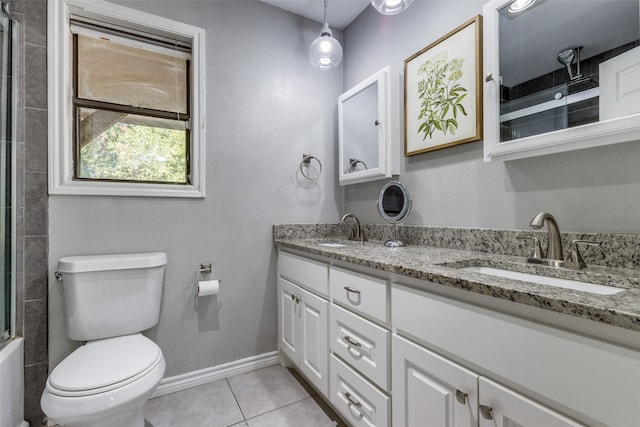 full bathroom featuring vanity, plus walk in shower, toilet, and tile patterned floors