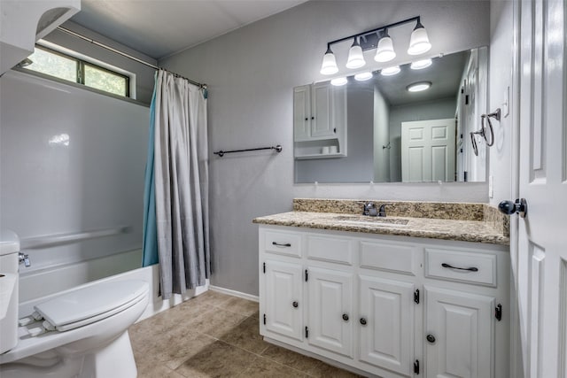 full bathroom with shower / bath combination with curtain, tile patterned floors, vanity, and toilet