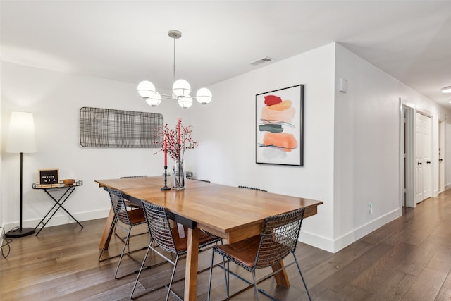 dining area featuring a chandelier and dark wood-type flooring