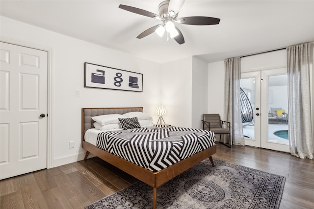 bedroom featuring ceiling fan, dark hardwood / wood-style floors, access to exterior, and french doors