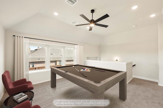 rec room featuring lofted ceiling, ceiling fan, and carpet flooring