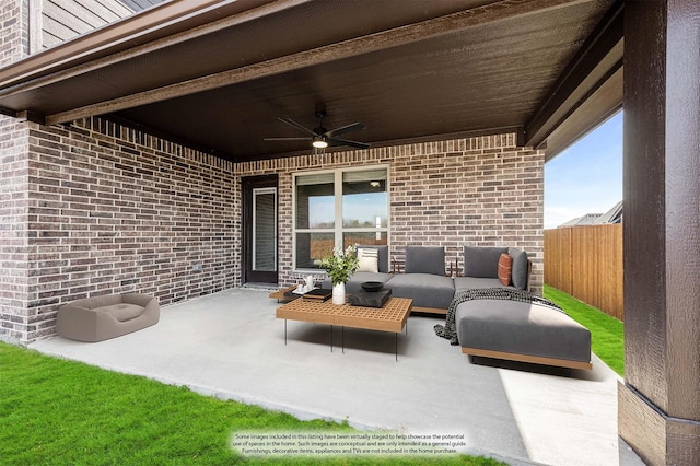 view of patio / terrace featuring ceiling fan and an outdoor hangout area