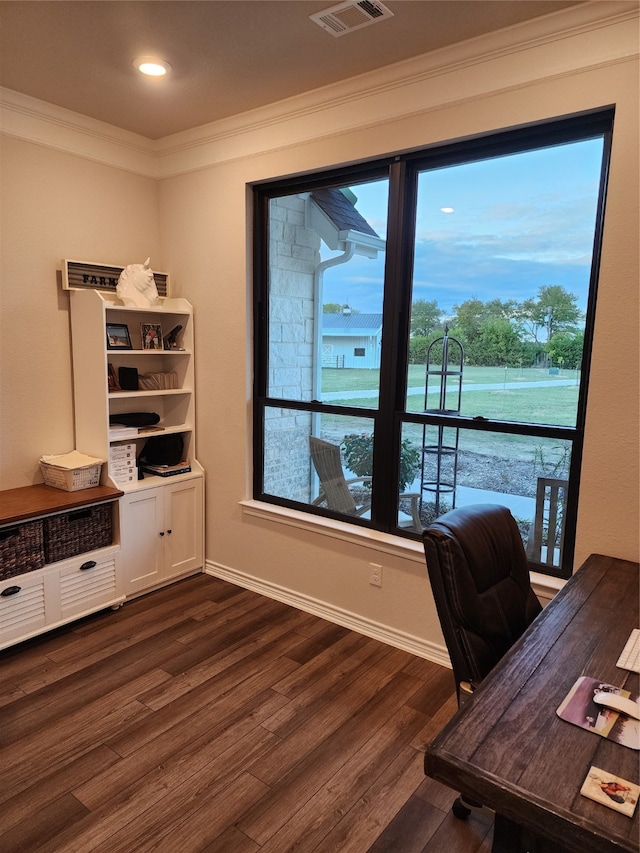 office area with crown molding, a water view, and dark hardwood / wood-style floors