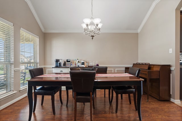 dining area featuring lofted ceiling, dark hardwood / wood-style floors, a chandelier, and crown molding