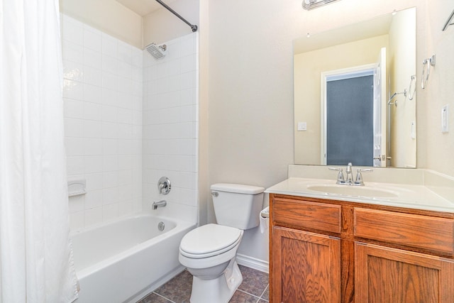 full bathroom with shower / bath combo with shower curtain, tile patterned flooring, vanity, and toilet