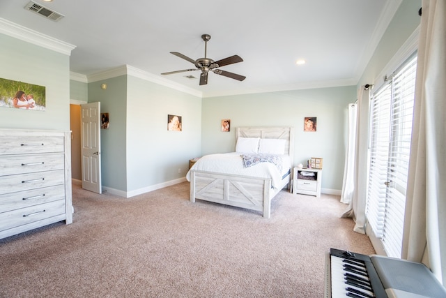 bedroom featuring ceiling fan, light colored carpet, and crown molding