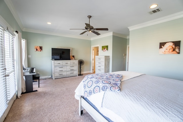 bedroom featuring ceiling fan, light carpet, and ornamental molding