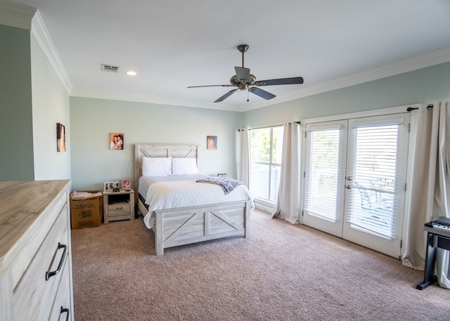 carpeted bedroom with ceiling fan, ornamental molding, french doors, and access to exterior