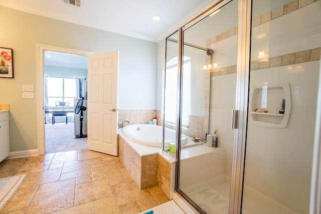 bathroom with independent shower and bath, crown molding, and vanity