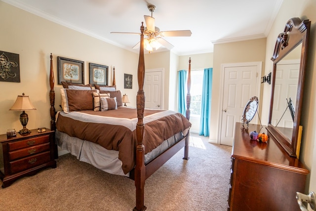 bedroom with light carpet, ceiling fan, access to exterior, and crown molding