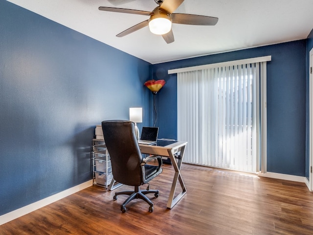 office space with ceiling fan and hardwood / wood-style flooring