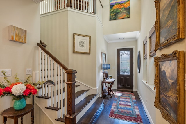 foyer featuring ornamental molding, a high ceiling, and dark hardwood / wood-style floors