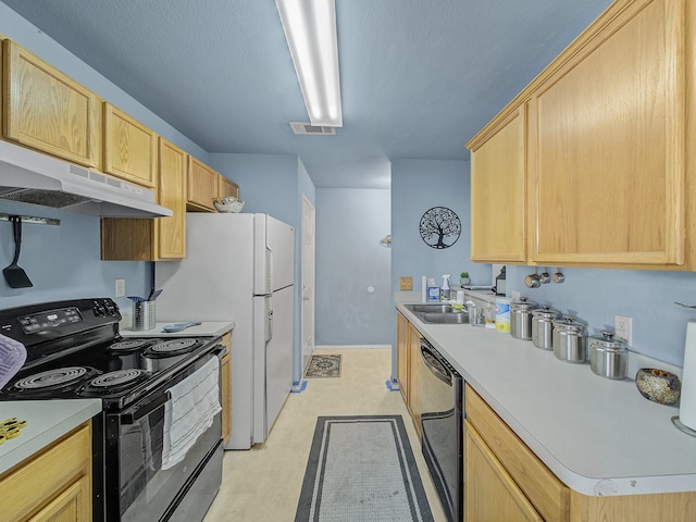 kitchen with light brown cabinets, sink, and black appliances