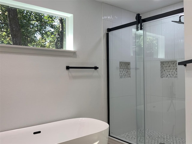 full bathroom featuring a shower stall and a freestanding tub