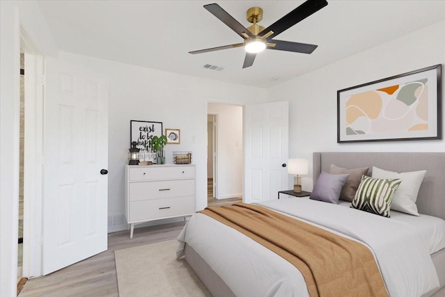 bedroom with ceiling fan and light wood-type flooring