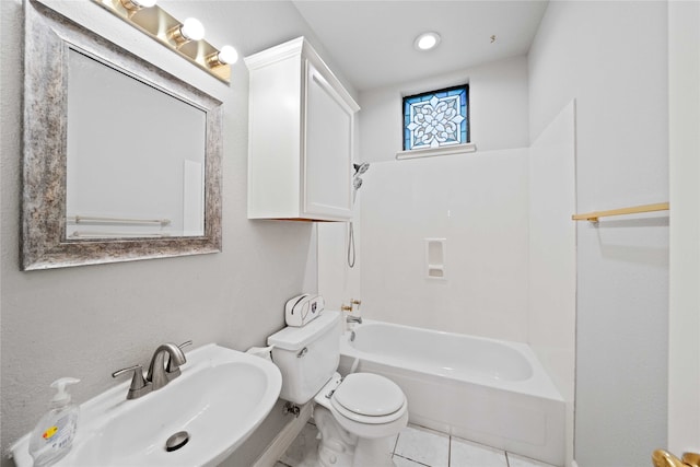 full bathroom featuring bathtub / shower combination, toilet, tile patterned flooring, and sink