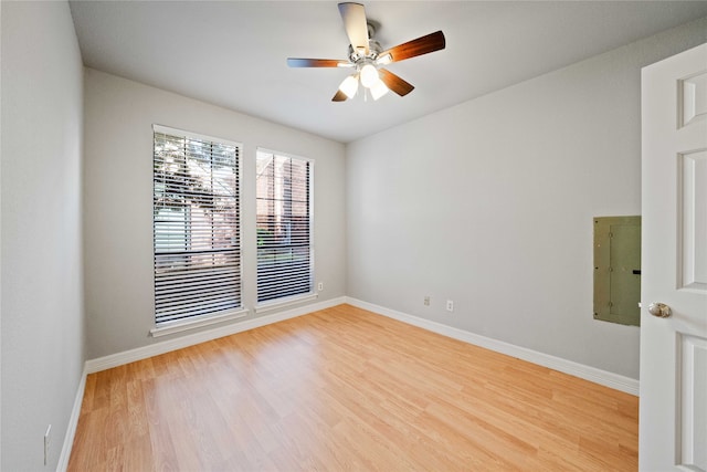 empty room with ceiling fan and light hardwood / wood-style floors