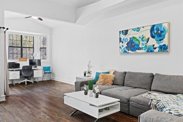 living room featuring dark hardwood / wood-style floors, ceiling fan, and lofted ceiling