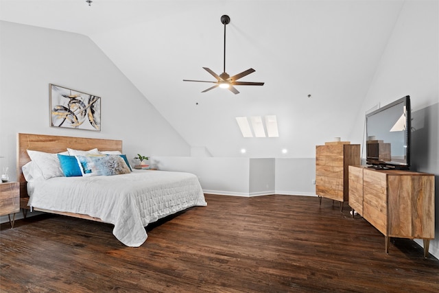 bedroom featuring dark hardwood / wood-style floors, ceiling fan, and lofted ceiling