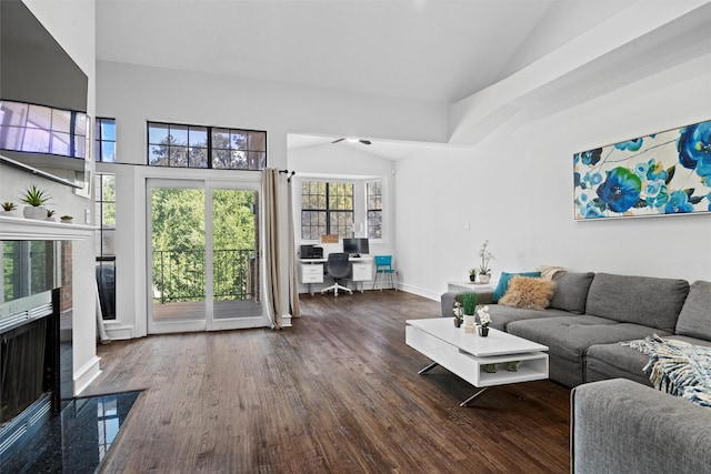 living room featuring lofted ceiling and hardwood / wood-style flooring