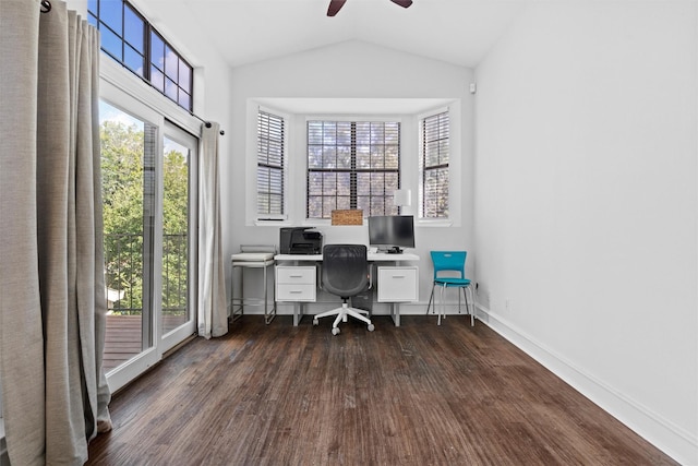 office space with ceiling fan, dark hardwood / wood-style flooring, and vaulted ceiling