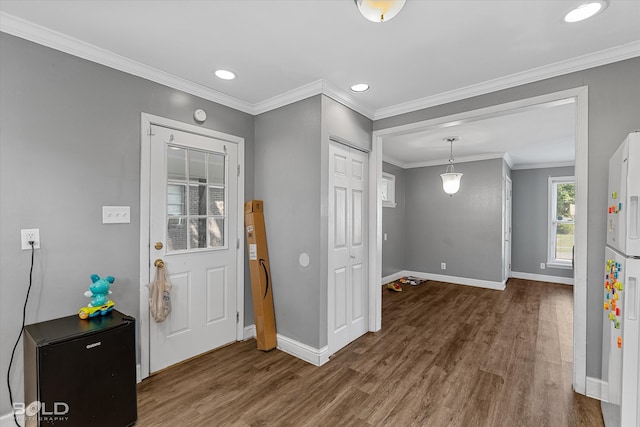 foyer featuring hardwood / wood-style floors and crown molding