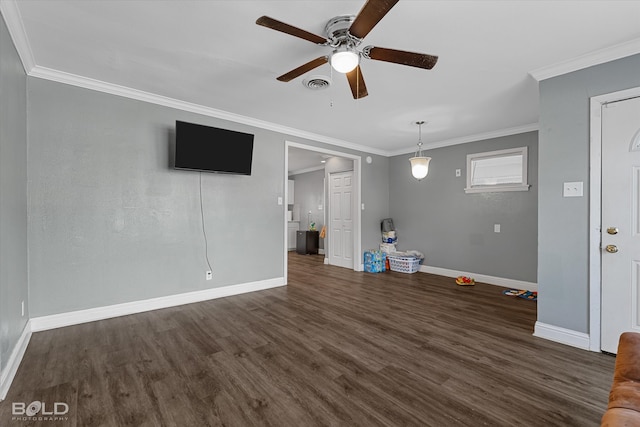 interior space featuring ornamental molding, dark hardwood / wood-style flooring, and ceiling fan