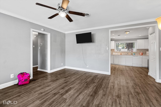 unfurnished living room featuring crown molding, dark hardwood / wood-style flooring, and ceiling fan