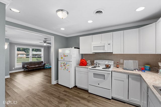 kitchen with ceiling fan, white appliances, white cabinetry, crown molding, and hardwood / wood-style floors