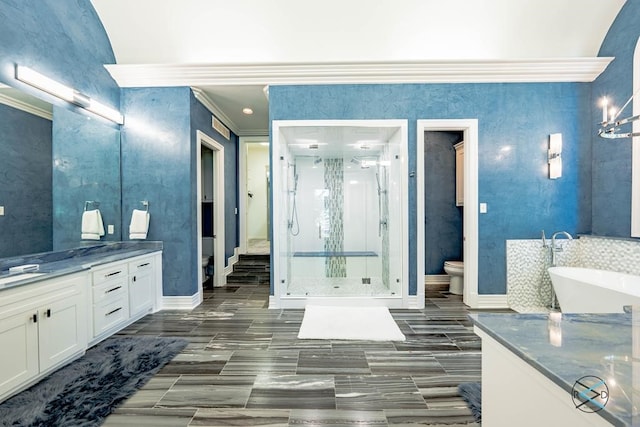 bathroom featuring toilet, hardwood / wood-style floors, an enclosed shower, ornamental molding, and vanity