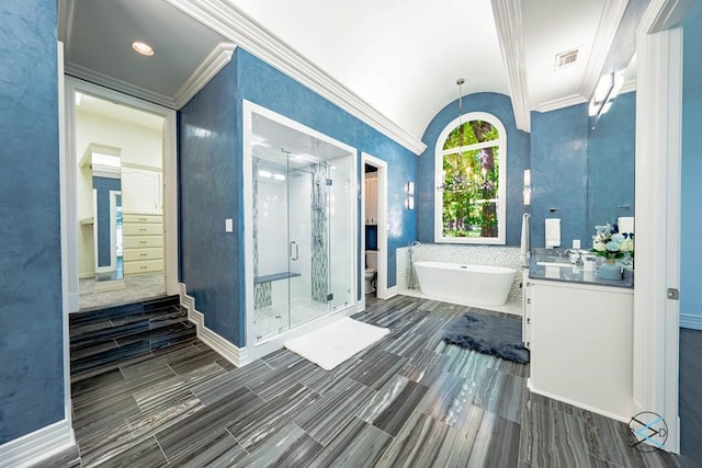 full bathroom with lofted ceiling, ornamental molding, vanity, and independent shower and bath