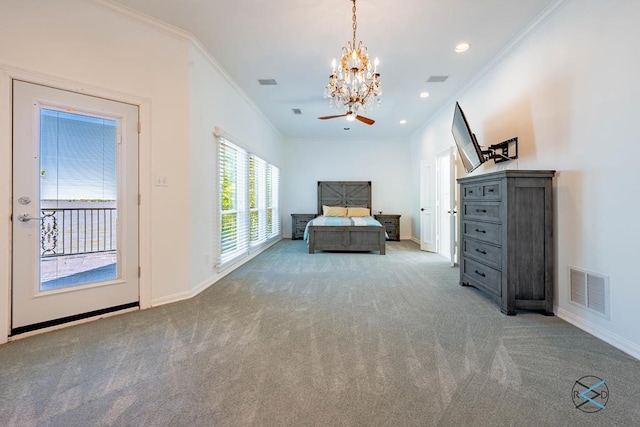 unfurnished room with carpet floors, ceiling fan with notable chandelier, and ornamental molding