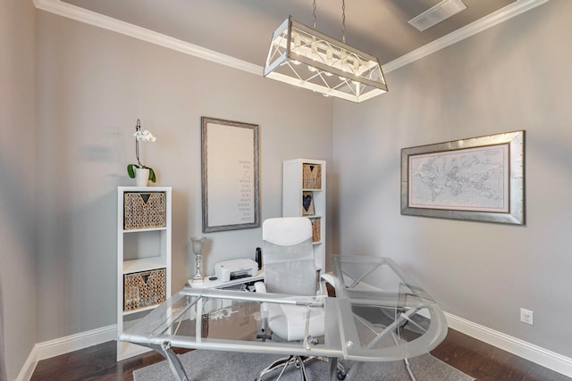 office area featuring ornamental molding and dark wood-type flooring