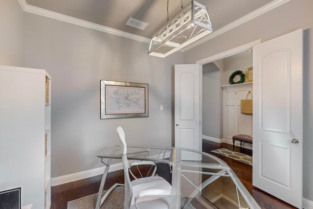 office featuring dark hardwood / wood-style floors and crown molding