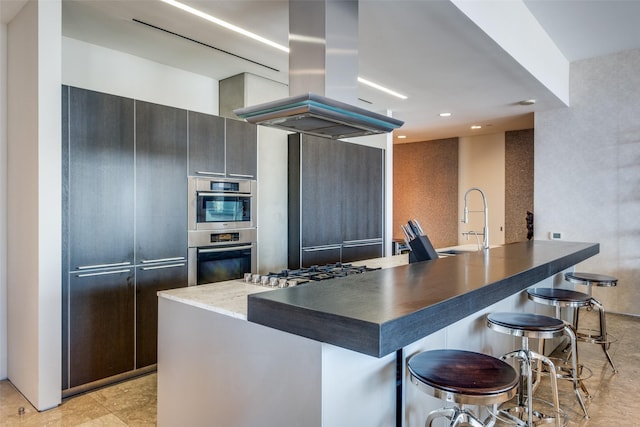 kitchen with island exhaust hood, stainless steel appliances, a breakfast bar, and sink