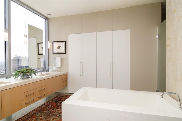 bathroom with vanity and a washtub