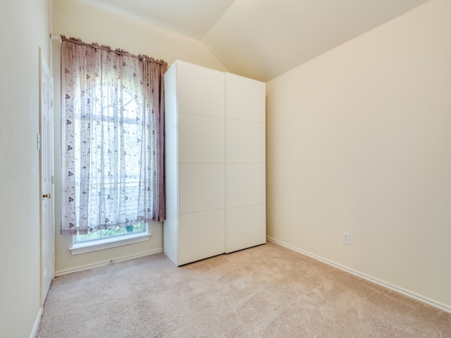 spare room featuring vaulted ceiling, light carpet, and a wealth of natural light