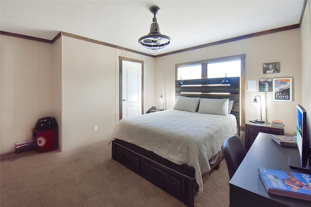 carpeted bedroom with ornamental molding