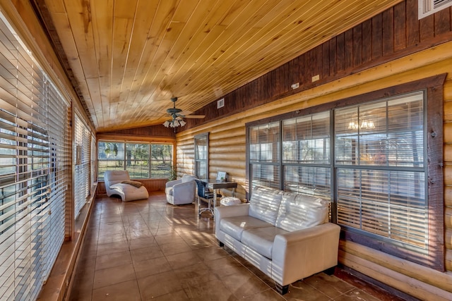 sunroom featuring wood ceiling, lofted ceiling, and ceiling fan