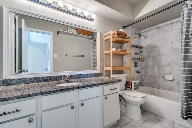 full bathroom with marble finish floor, vanity, shower / bath combo with shower curtain, and toilet